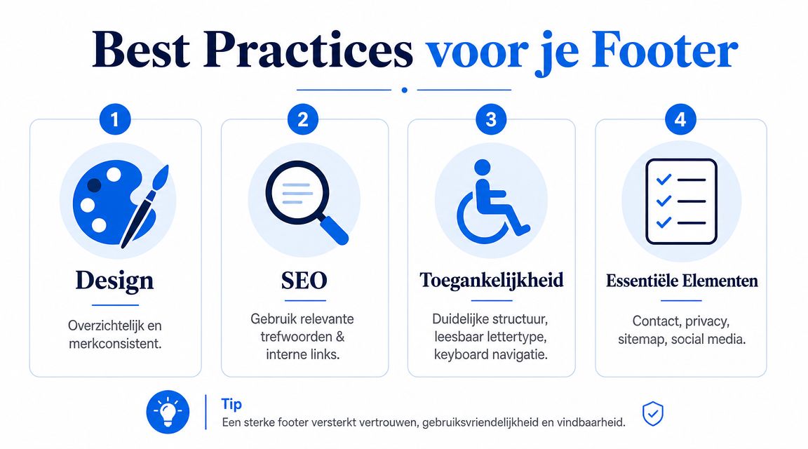 Een infographic met vier belangrijke best practices voor een effectieve website footer, inclusief design, SEO en toegankelijkheid.