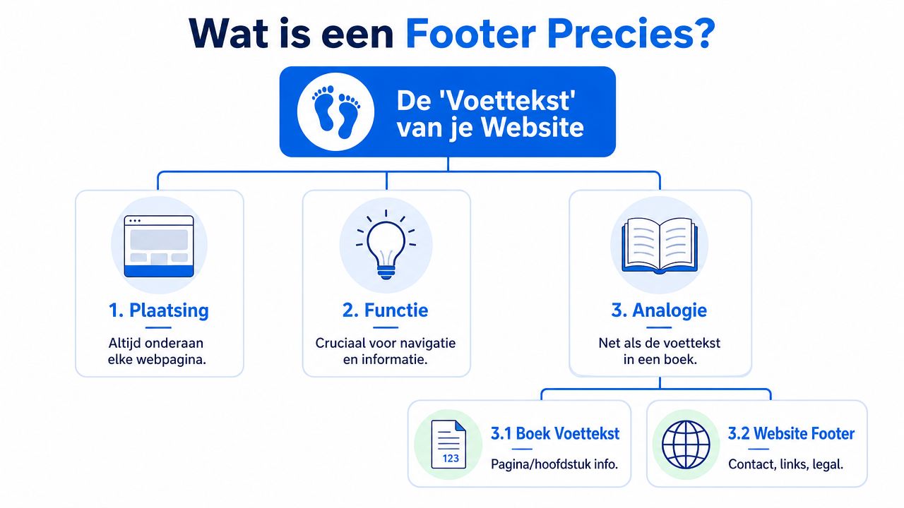 Een overzichtelijke infographic die uitlegt wat een footer op een website precies is en welke functies deze heeft.