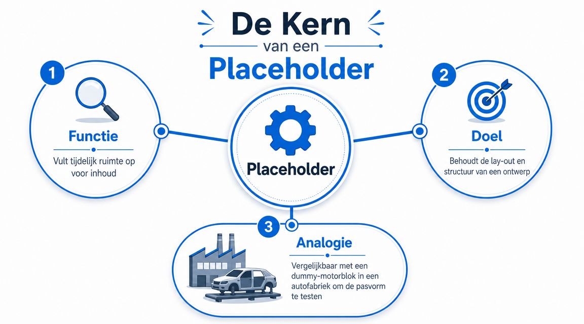 Een infographic die de kernbegrippen van een placeholder uitlegt met focus op functie, doel en een analogie.