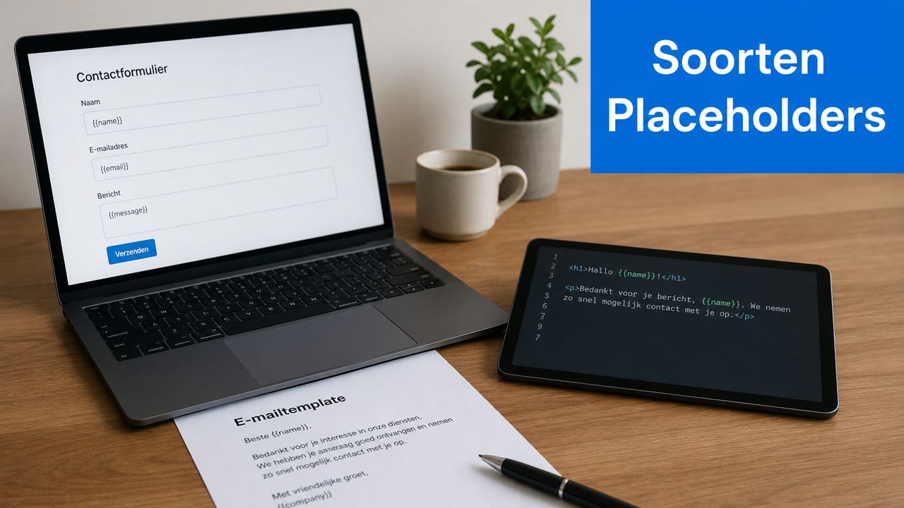 Laptop, tablet met code en een document tonen voorbeelden van placeholders in digitale formulieren en e-mailtemplates.