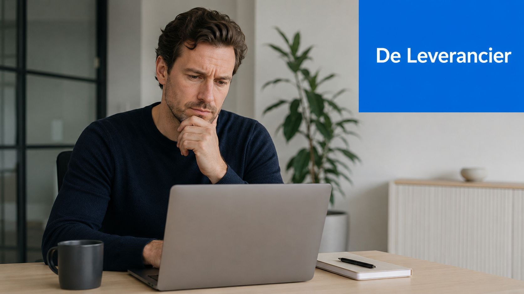 Een geconcentreerde man werkt op een laptop aan een bureau in een modern kantoor met planten.