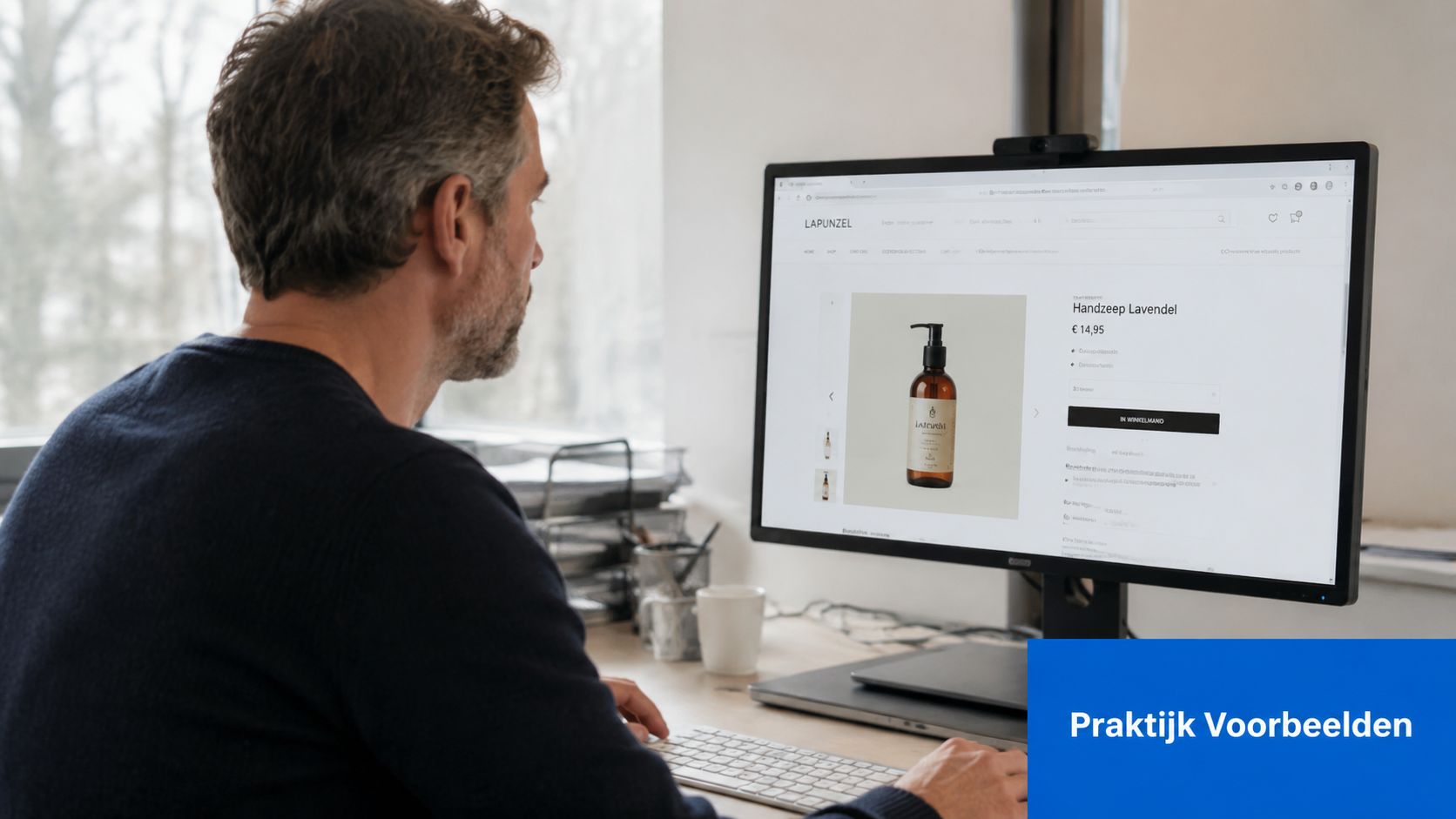 Een man die achter een computer zit en op een website naar handzeep met lavendel kijkt.