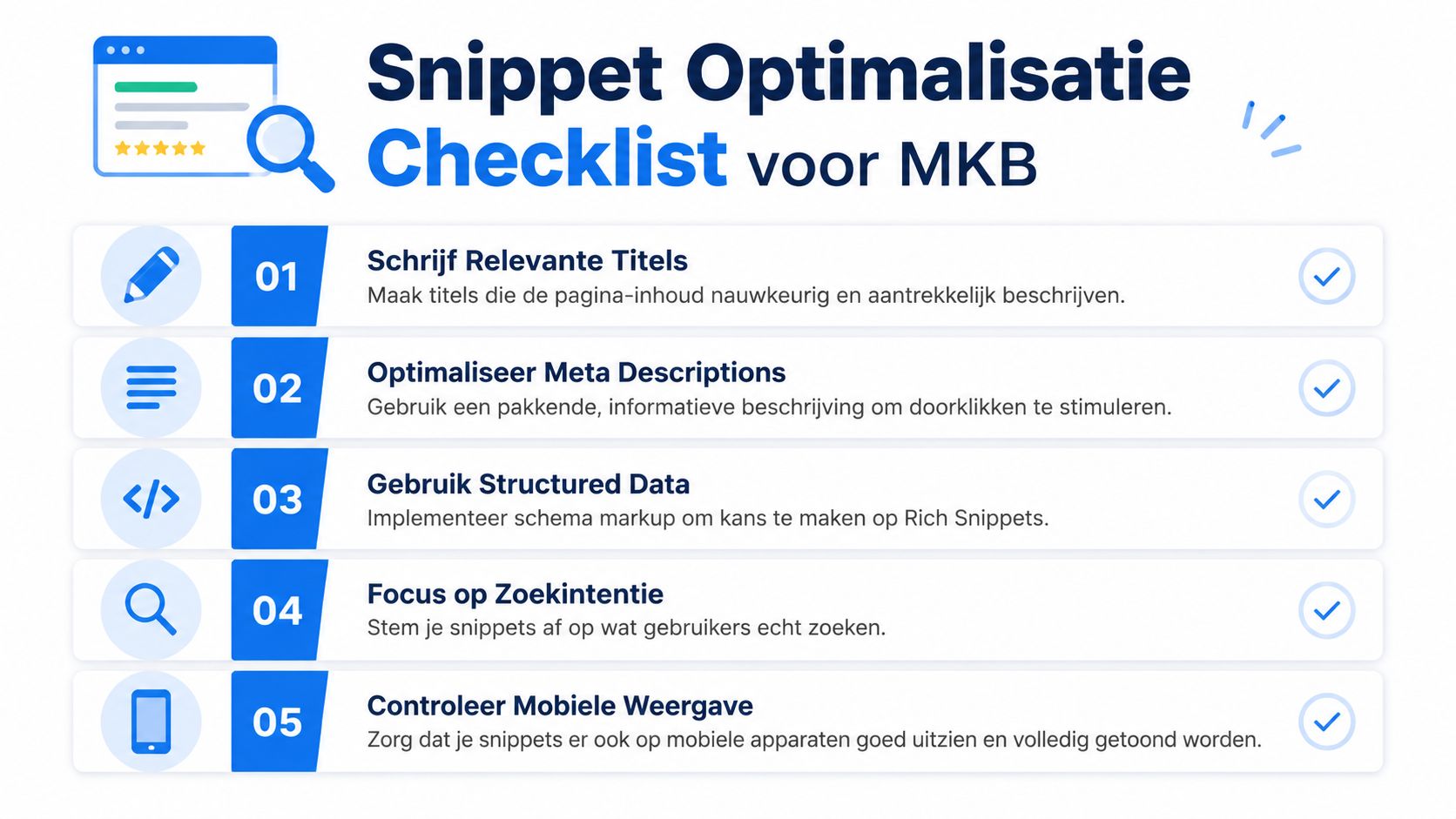 Een checklist voor MKB-bedrijven met vijf stappen voor het optimaliseren van zoekresultaten in zoekmachines.