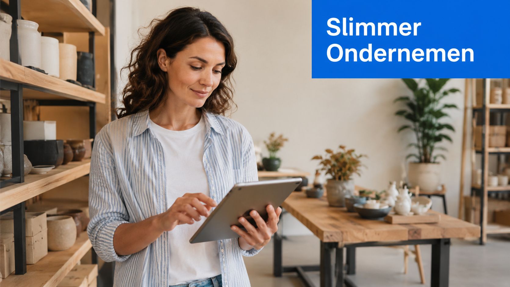 Een vrouw in een creatieve werkplaats bekijkt aandachtig informatie op haar tablet met de tekst Slimmer Ondernemen