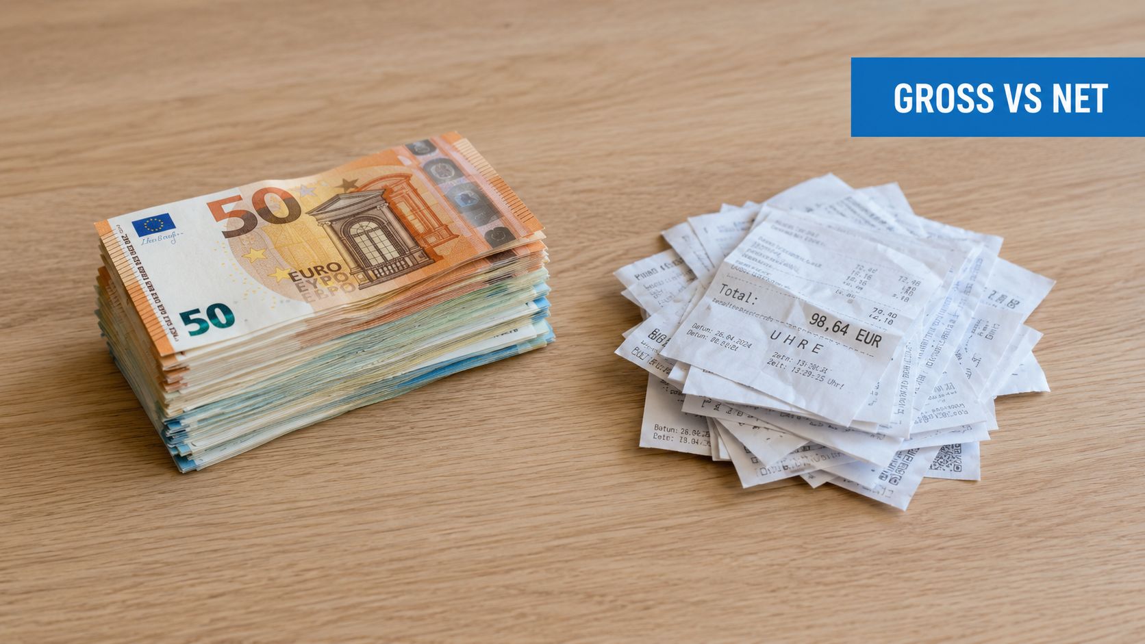 Een stapel bankbiljetten van vijftig euro naast een stapel kassabonnen op een houten tafeloppervlak.