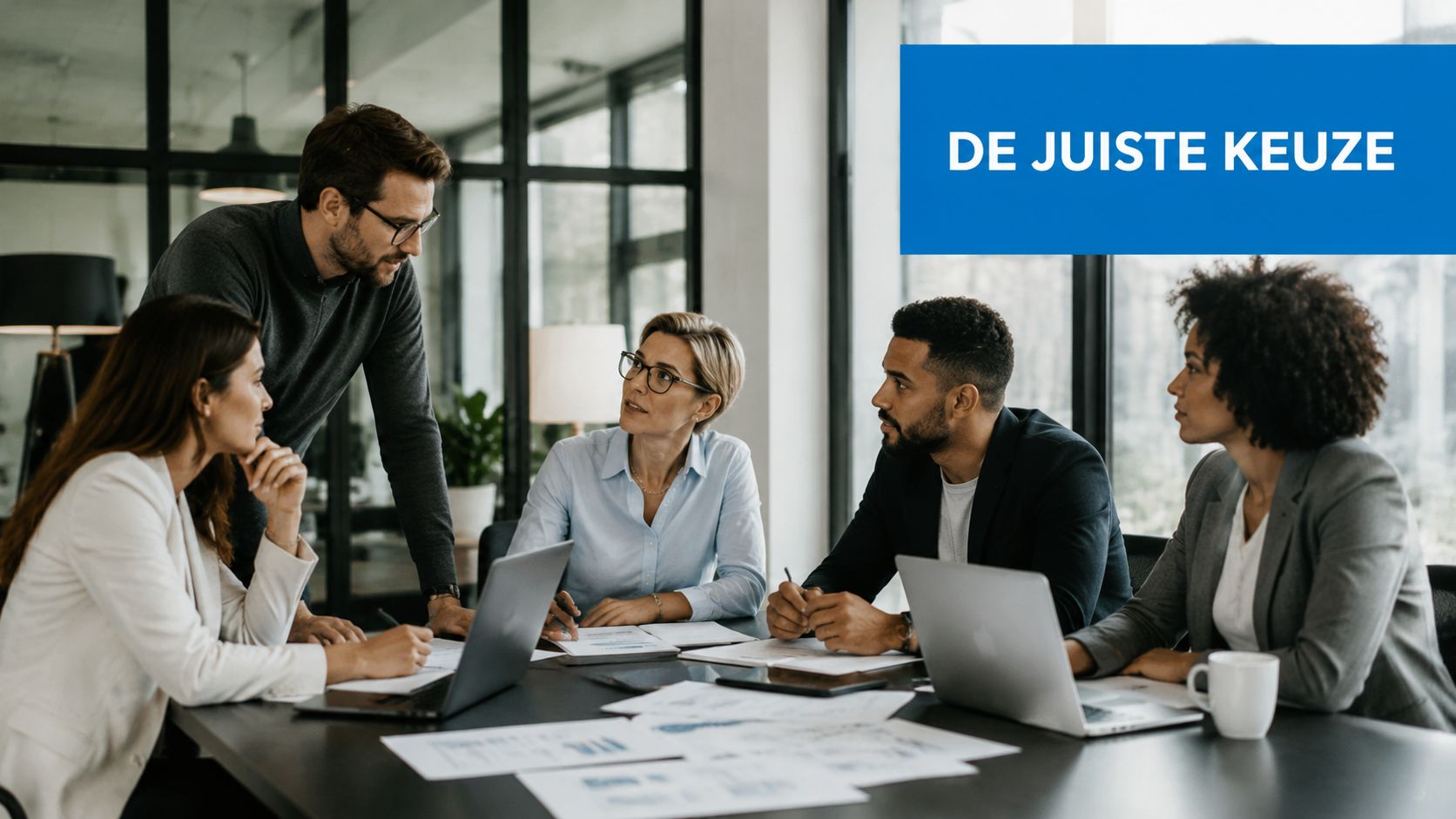 Een divers team van professionals vergadert in een modern kantoor rond een tafel met laptops en documenten.