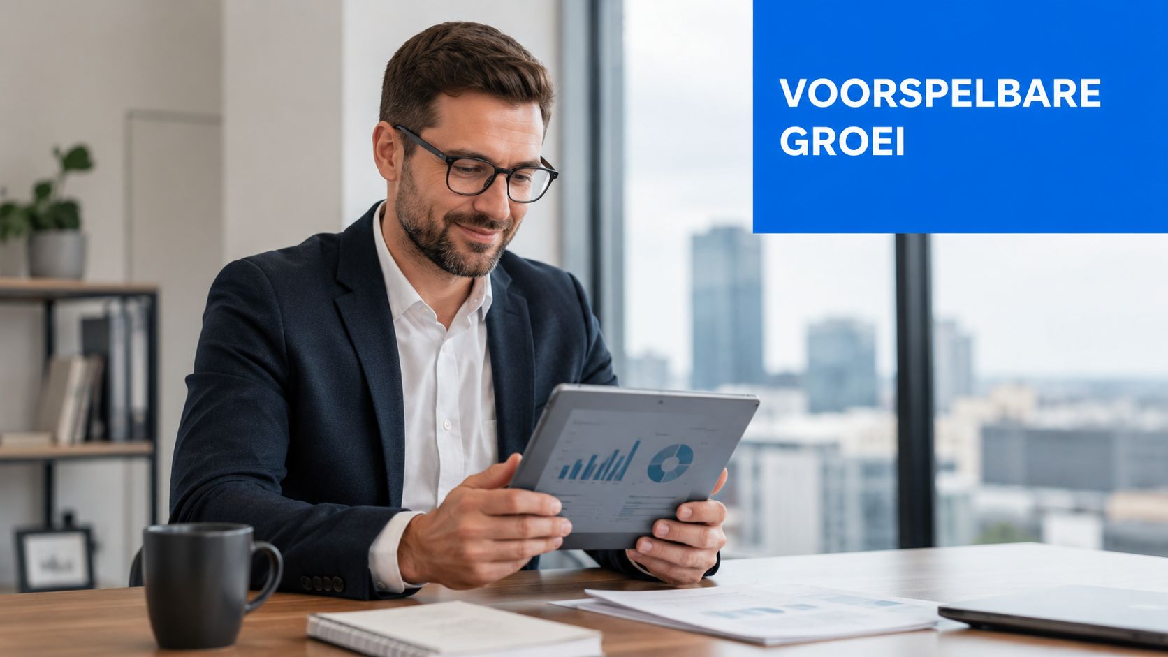 Een professionele zakenman in een modern kantoor bekijkt bedrijfsstatistieken en groeidata op zijn digitale tablet.