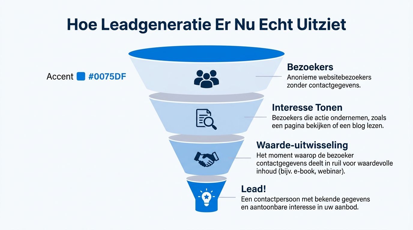 Een trechterdiagram dat de verschillende fasen van leadgeneratie toont, van anonieme websitebezoekers tot waardevolle leads.
