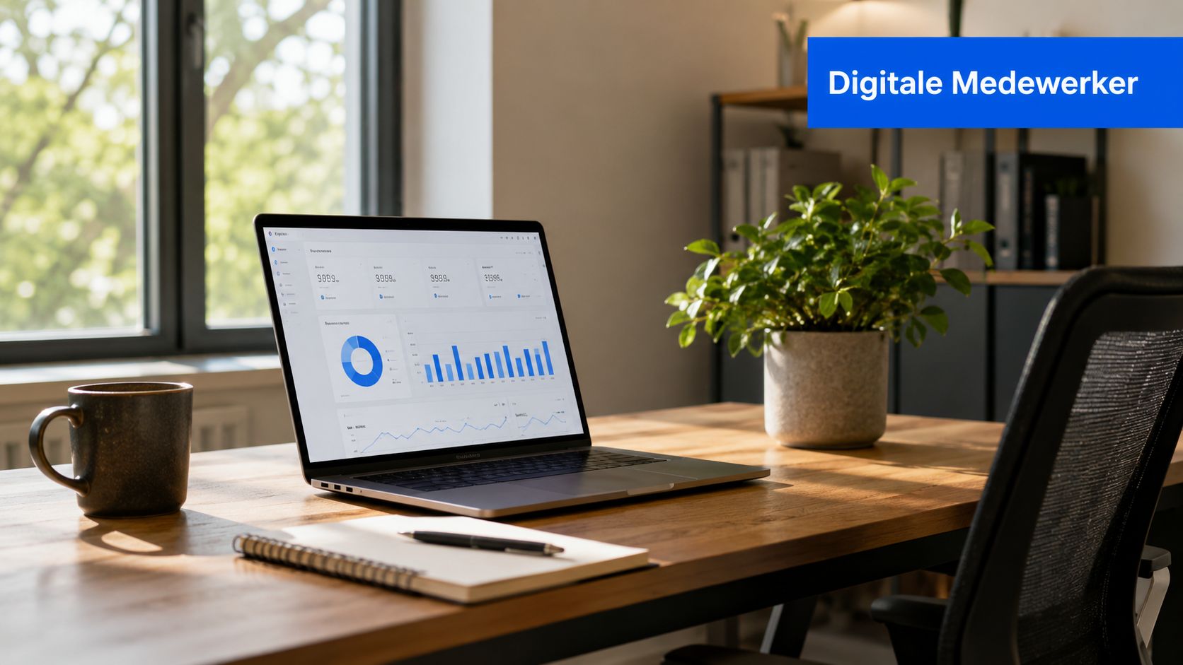 Een laptop met dashboards en grafieken op een houten bureau in een modern en sfeervol kantoor.