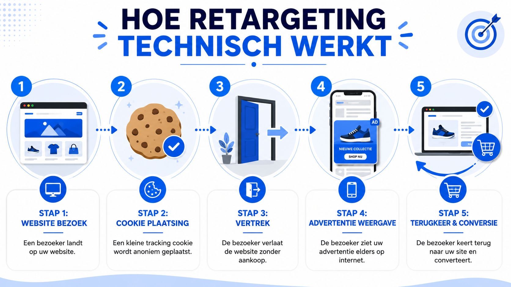 Een infographic die in vijf stappen uitlegt hoe retargeting technisch werkt voor websitebezoekers en online advertenties.