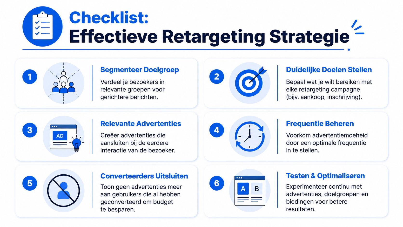 Een overzichtelijke checklist met zes stappen voor een effectieve retargeting strategie voor online marketing campagnes.
